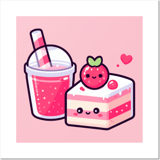 Kawaii Style Cute Strawberry Cake and Drink | Cutesy Design for Kawaii Food Lovers Posters and Art